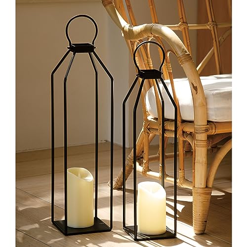 Perfnique Modern Farmhouse Lantern Decor, 19.7'' 22'' Set of 2 Black Metal Lanterns, 2 LED 6hr Timer Flickering Flameless Candles, Lanterns Decorative for Porch, Patio, Fireplace Mantle, Christmas - color: 22inch ＆ 19.7inch