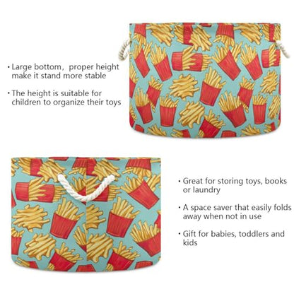 French Fries Pattern Toys Storage Bin with Cotton Rope Large Capacity Clothes Storage Baskets Laundry Hamper Holiday Ornament Box Organizer for Bedroom Bathroom Nursery