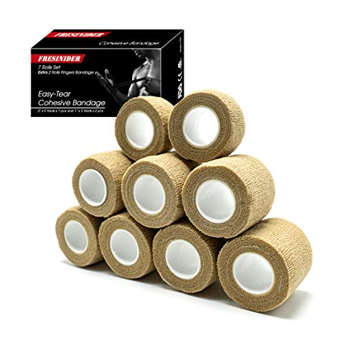 FRESINIDER 9 Rolls Self Adhesive Wrap Athletic Tape Gauze, Breathable Elastic Cohesive Bandage for Sports Injury & Pet (7 Pcs 2" x 5 Yards + 2 Pcs 1" X 5 Yards) (Khaki) - color: Khaki