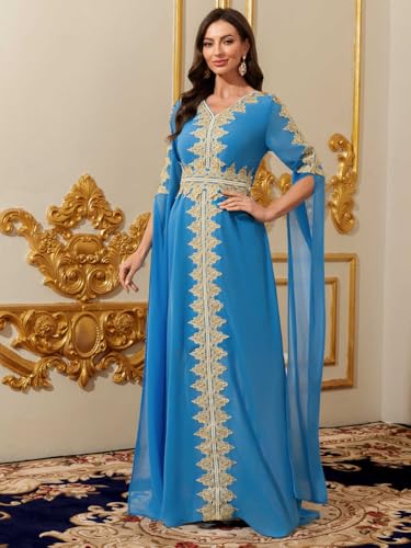 Women Muslim Abaya Kaftan Dress Lace Ethnic Moroccan Dress Eid Prayer Clothes Arabian Maxi Robe - color: Blue, size: Medium