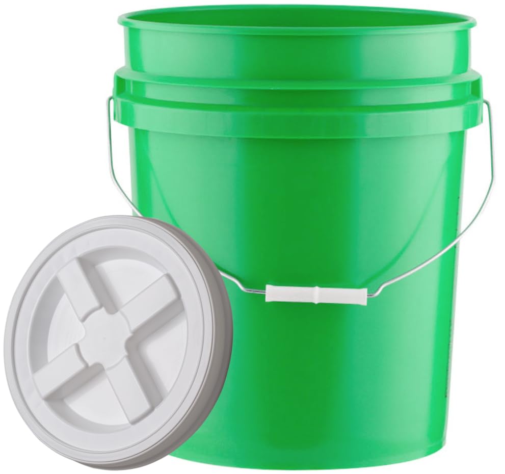 5 Gallon Food Grade Plastic Bucket with Air Tight Screw on Lid Made in USA Container (Green Bucket with White Lid) - color: Green Bucket With White Lid