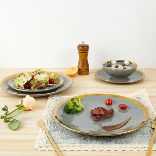 Pokini Porcelain Luxury Dinnerware Sets, Modern Plates and Bowls Sets for 4, Highly Chip and Crack Resistant, Grey and Gold Rim China Dishes Set for Wedding Anniversary - color: Grey and Gold