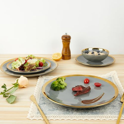 Pokini Porcelain Luxury Dinnerware Sets, Modern Plates and Bowls Sets for 4, Highly Chip and Crack Resistant, Grey and Gold Rim China Dishes Set for Wedding Anniversary - color: Grey and Gold