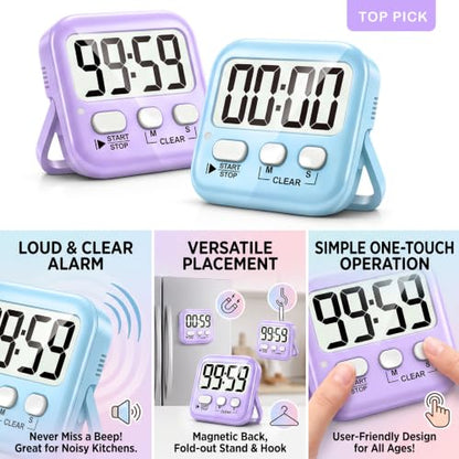 2 Pack Digital Timer for Kids Classroom Kitchen Timers for Cooking | w/ Battery, Easy to View, Alarm, Mute Mode, Count Down/Up, Magnetic, Kickstand, Hanging, Classroom Timer for Teacher Supplies - color: 2 * Sky Blue + Lavender Purple