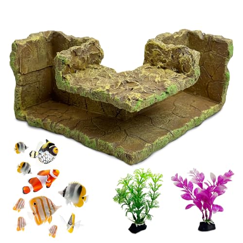 kathson Aquarium Hideaway Cave Underground Tunnel Hideout Wood-Like Fish Tank Cave for Corners View Fish in Aquarium Decoration with 2PCS Plastic Aquatic Plants for Betta Shrimp Guppy Hide - color: Yellow