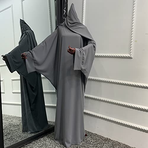 Muslim Dress for Women Pakistani Kaftan Abaya Robe + Hijab Arabic Islamic Prayer Clothes Dubai Outfits - color: Grey Set