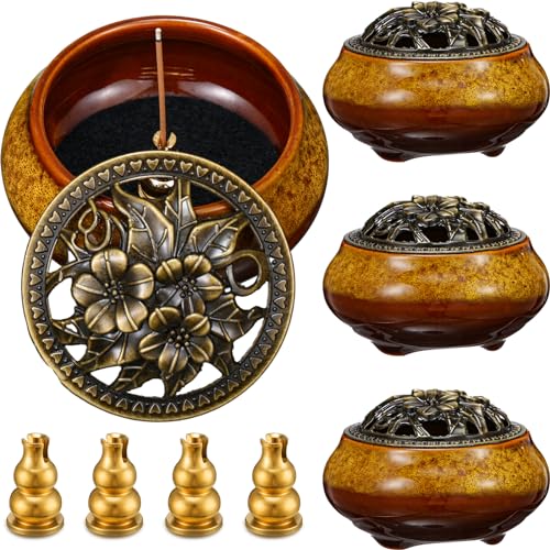 Maxcheck 4 Pcs Ceramic Incense Burner with Copper Lid Metal Incense Holder Lotus Cone Burner for Sandalwood Palo Santo Sage Cones Meditation Yoga Spa Gifts Room Decor(Yellow) - color: Yellow