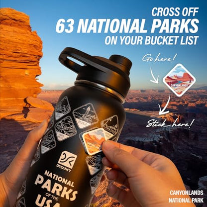 DYSANKY National Parks Water Bottle – 32 oz Insulated Stainless Steel Bottle with 63 Hand-Drawn Park Stickers, Carrier Bag, Strap & Gift Box – BPA-Free – Ideal for Hiking, Camping & Travel - color: Advanced Black Park, size: 32 Ounces