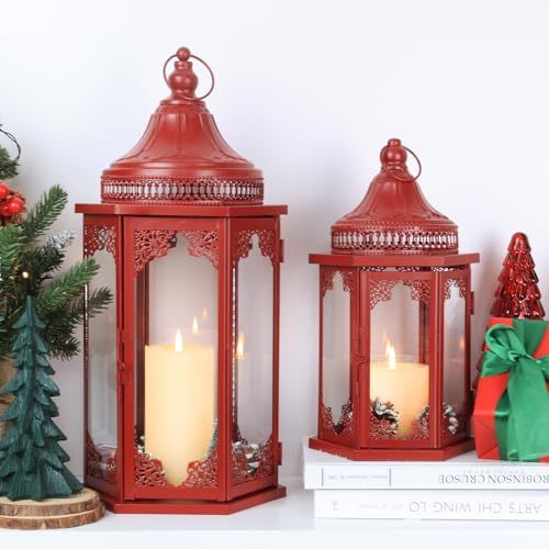 NEEDOMO Decorations for Home, 22''/15'' Set of 2 Lanterns with Glass Panels for Home Decor, Decorative Hanging Lantern Indoor Outdoor for Xmas Table Centerpieces, Porch, Patio(Red) - color: Red-22''+15''