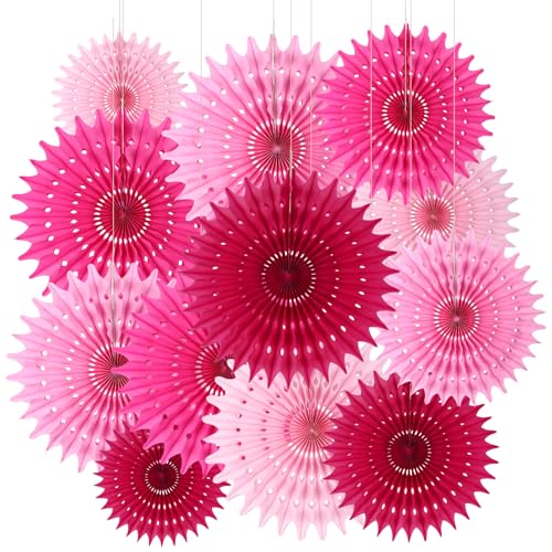 BestoFun 12PCS Paper Fans Hot Pink Party Decorations Tissue Paper Flowers Decorations for Girl Groovy Birthday Baby Shower Wedding Bachelorette Room Wall Hanging Décor - color: Hot Pink