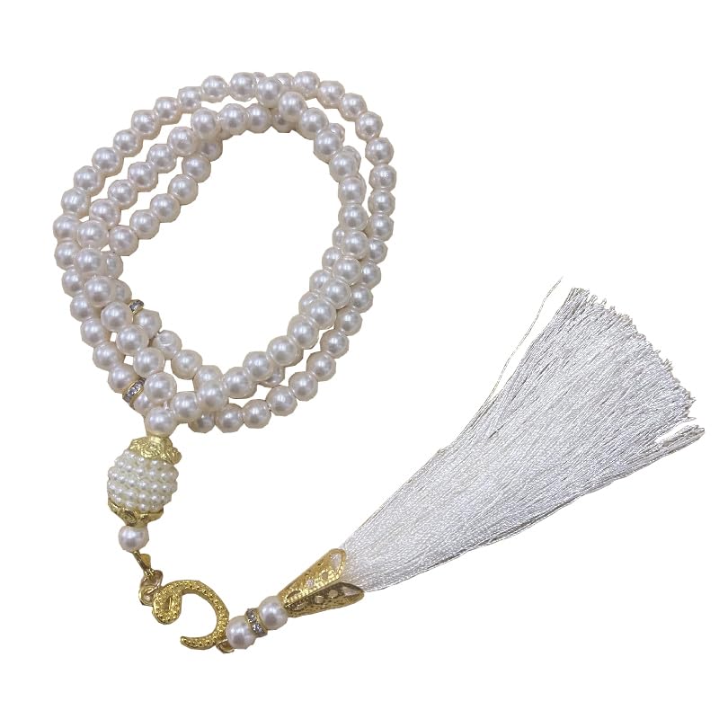 Tasbih Muslim Prayer Praise Beads, 6mm 99 Beads Glass Pearl Muslim Rosary Bracelet with Tassel, Natural Bead Pearls Tassel Pendant, Men Women Meditation Jewelry (White) - color: White