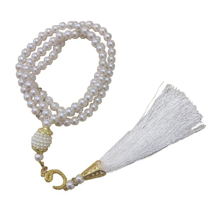 Tasbih Muslim Prayer Praise Beads, 6mm 99 Beads Glass Pearl Muslim Rosary Bracelet with Tassel, Natural Bead Pearls Tassel Pendant, Men Women Meditation Jewelry (White) - color: White