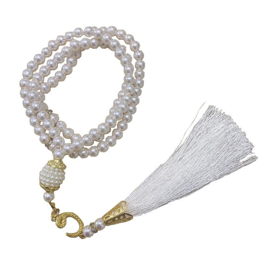 Tasbih Muslim Prayer Praise Beads, 6mm 99 Beads Glass Pearl Muslim Rosary Bracelet with Tassel, Natural Bead Pearls Tassel Pendant, Men Women Meditation Jewelry (White) - color: White