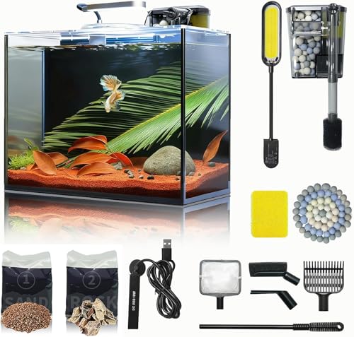 3 Gallon Aquarium Set Small Fish Tank Glass, Starter Kit with Heater Water Pump Cleaning Filter Bright Light Rocks Gravel Cleaning Tool, Leak-Proof Clear Rimless Desktop Spaces Saving Betta Fish - size: 3 gallon