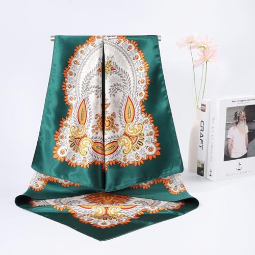 AWAYTR 35” Large Satin Square Head Scarf - 2Pcs Silk Like Floral Head Scarves Square Satin Hair Scarf Bandanas for Women - color: Paisley(green/Apricot)