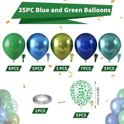 Blue and Green Balloons, Dark Green Metallic Balloons and Royal Blue Balloon, Metallic Blue Green Confetti Balloon for Boy Birthday Baby Shower Jungle Safari Theme Wedding Party Supplies - color: Blue Green Confetti