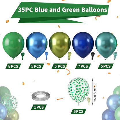 Blue and Green Balloons, Dark Green Metallic Balloons and Royal Blue Balloon, Metallic Blue Green Confetti Balloon for Boy Birthday Baby Shower Jungle Safari Theme Wedding Party Supplies - color: Blue Green Confetti