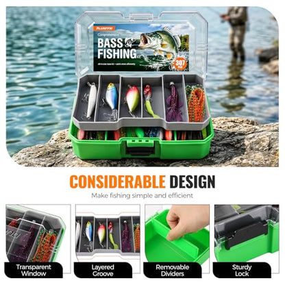 PLUSINNO Bass Fishing Lures Tackle Box Gear Kit with Tackle Included | Waterproof, Compact & Customizable, Bass Trout Fishing Gear Kit, Freshwater Topwater, 16 Rigs, Fishing Gifts for Men Starter - color: Green 307 PCS Bass Box