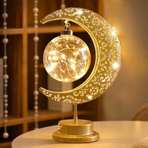 Moon Lamp with Hanging Globe, Decorative Crescent Moon Table Lamp Battery Powered, Retro Metal Islamic Decor LED Night Light for Bedroom Living Room, Gift for Women Birthday Christmas Boho Home Decor - style: Battery Powered Moon Lamp Ball