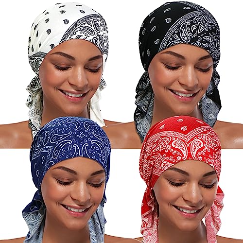 ASHILISIA 4 Pieces Women Chemo Hat Turban Beanie, Pre-Tied Headwraps Headwear Bandana for Hair Loss - color: Acily-a-1