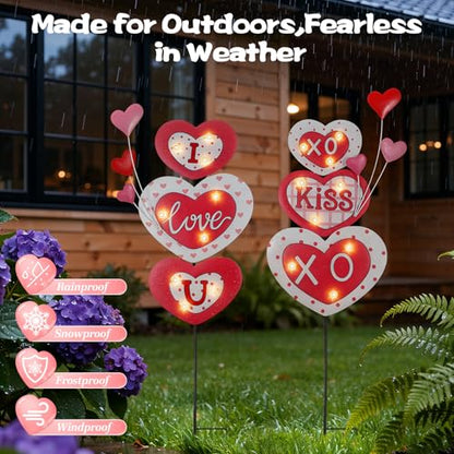 Lewondr 2 Pcs Valentine's Day Decorations Outdoor, Metal Solar Pathway Lights, Love Heart Decorative Garden Stakes Lights with 18 LED Beads, Waterproof Yard Signs for Porch Lawn Wedding Anniversary - style: Love Heart
