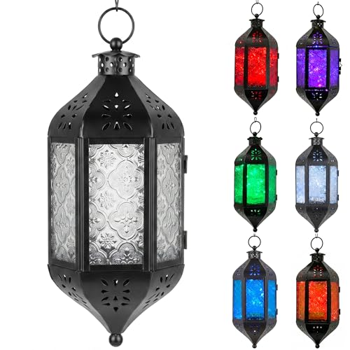 Vela Lanterns Hanging Moroccan Lantern with LED Twinkle Fairy Lights - Exotic Decorative Patio & Porch Decor, Indoor Outdoor Candle Lamp Holder with Chain (13" Large, Color Changing) - color: Multicolor, size: Large