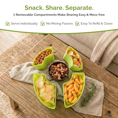 Divided Serving Tray with Lid, 5 Removable Compartments Snack & Veggie avocado shaped Tray with Center Dip Bowl, Portable Food Storage Container for Fruit, Charcuterie, Travel, Work & Parties