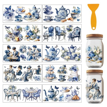 12 Pcs Blue Retro UV DTF Cup Wraps, 4.3 x 9.4 Inch Afternoon Tea UV DTF Transfer Stickers Waterproof Rub on Transfer Decals for 16OZ Glass Bottle Vase Furniture Crafts - style: Retro Afternoon Tea