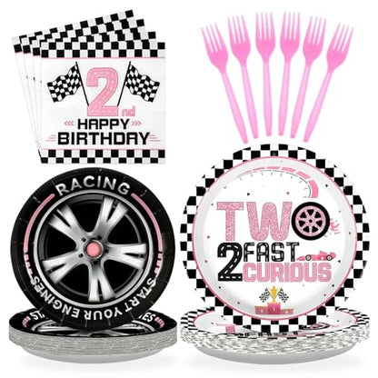 Grencian 96Pcs Two Fast Birthday Party Supplies Pink Race Car 2nd Party Plates and Napkins Checkered Flag Tableware for Kids Girls Racing Car 2 Year Old Birthday Decorations Serves 24 - style: Pink Racing Car 2nd Birthday