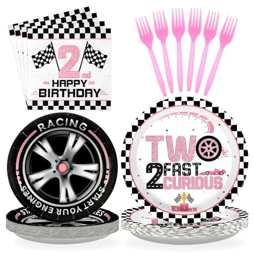 Grencian 96Pcs Two Fast Birthday Party Supplies Pink Race Car 2nd Party Plates and Napkins Checkered Flag Tableware for Kids Girls Racing Car 2 Year Old Birthday Decorations Serves 24 - style: Pink Racing Car 2nd Birthday