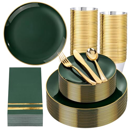 NOCCUR 350PCS Green Plastic Plates - Disposable Green Gold Dinnerware Set for 50 Guests, 100 Dinner/Dessert Plates, 150 Gold Silverware, 50 Cups&50 Napkins for Party ＆ Wedding ＆ World Cup 2026 - color: Green
