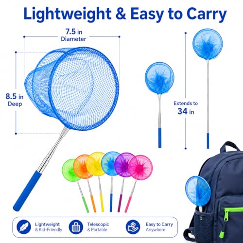 RAINFLOW Telescopic Butterfly Nets - Fishing Net with Anti Slip Grip | Outdoor Catcher Net for Catching Butterfly, Bugs, Insect, Fish, Ladybird, Extendable 6.7 in to 34 in - size: 5 Pack
