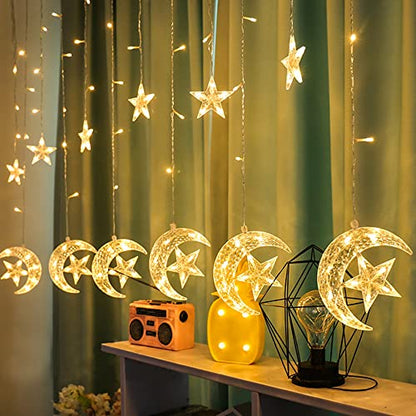 WATERGLIDE 138 LED Star Moon Curtain Decorative Lights, Window Curtain Fairy String Lights, Remote Control & USB Plug, 8 Lighting Modes for Home Holiday Ramadan Christmas Wedding Party, Warm White