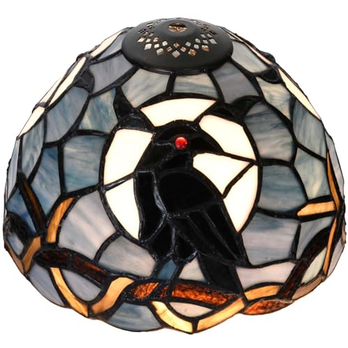 Bieye S12010 Raven Sitting on Bare Tree Tranch Against Full Moon Tiffany Style Stained Glass Lampshade (Dark Blue, 8Wx5.5H) - size: 8Wx5.5H
