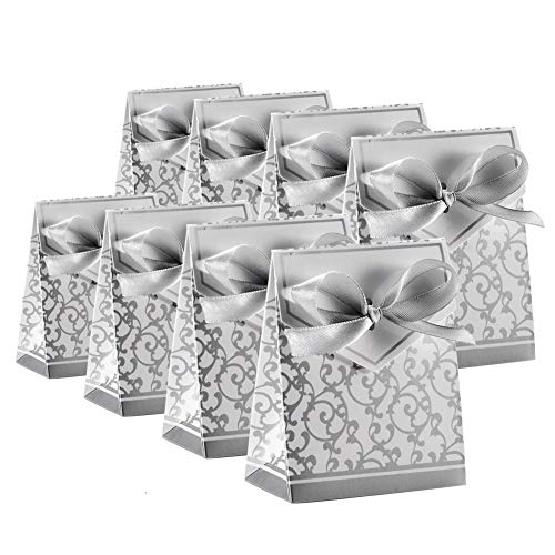 KUPOO 50 Candy Boxes with Gold Ribbon Favor Boxes for Weddings,Parties - color: silver
