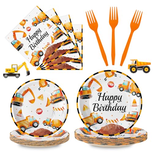 100 Pcs Construction Birthday Party Supplies - Construction Themed Plates and Napkins Forks Set, Disposable Dump Truck Tableware for Boys Kids Birthday Party Decorations Favors, Serve 25 Guests - style: Construction