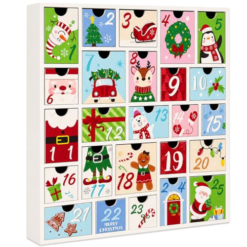FOIMAS Christmas Wooden Advent Calendar with 25 Drawers, White Santa Christmas Wooden Countdown Calendar with Drawers for 2026 Xmas Home School Office Party Decoration - color: White