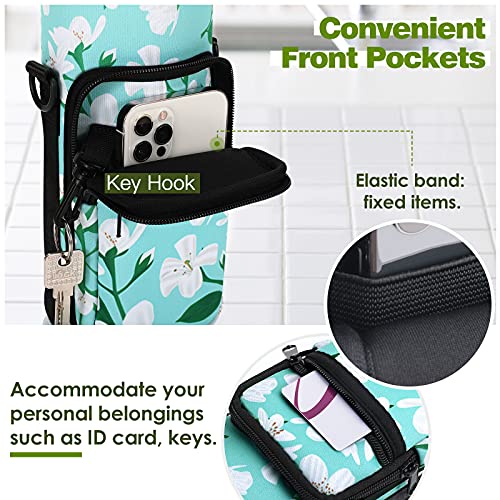 Nuovoware Water Bottle Carrier Bag, 25oz/32oz Bottle Pouch Holder, Adjustable Shoulder Hand Strap 2 Pocket Sling Neoprene Sleeve Sports Water Bottle Accessories for Gym Hiking Travelling, Green Lily | Adjustable Shoulder Hand Strap, 2 Pocket, Neoprene Sle