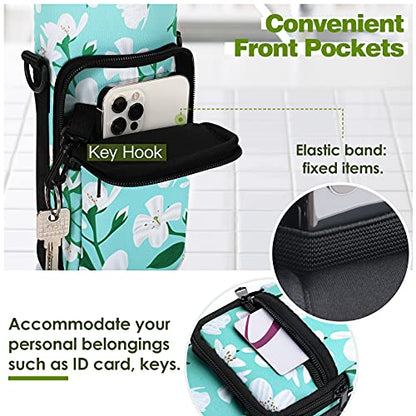 Nuovoware Water Bottle Carrier Bag, 25oz/32oz Bottle Pouch Holder, Adjustable Shoulder Hand Strap 2 Pocket Sling Neoprene Sleeve Sports Water Bottle Accessories for Gym Hiking Travelling, Green Lily | Adjustable Shoulder Hand Strap, 2 Pocket, Neoprene Sle