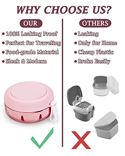 Denture Case, Definitely No-Leak Denture Bath Box for Traveling Perfectly, Denture Cup with Strainer & Magnetic Mirror,Completely Clean Care for Retainer, Mouth Guard, & Denture - color: Pink