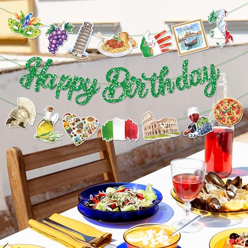 3Pcs Italy Happy Birthday Banner Pizza Pasta Wine Helmet Party Hanging Banner Italian Theme Birthday Bridal Wedding Baby Shower Boys Girls Kids Home Classroom Party Supplies Decoration - color: Italy