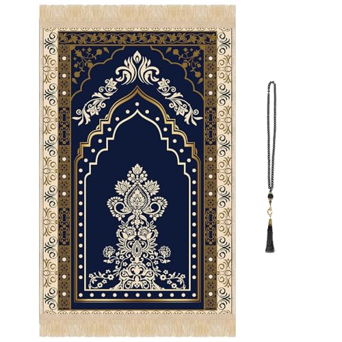 Prayer Mat Rug Ramadan Gifts - Thick Blue Muslim Prayer Rug Islamic Tasbih Beads, Islamic Praying Carpet Mat for Salah Namaz Eid Meditation Decorations for Home - color: Navy Blue