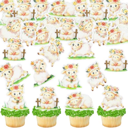 40Pcs Edible Lamb Cupcake Toppers Sheep Cupcake Picks Animal Goat Cake Decorations for Farm Theme Baby Shower Kids Birthday Farm Animal Theme Party Decorations Supplies - color: White-48