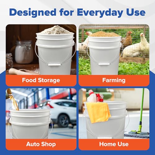 5 Gallon Bucket w/Lid, Food Grade BPA-Free, 3 Pack, White | Airtight Lid, Mallet and Lid Opener Included, Heavy-Duty 90 Mil HDPE Plastic, Food-Safe Durable Container, Made in USA - color: White, size: 3 Packs