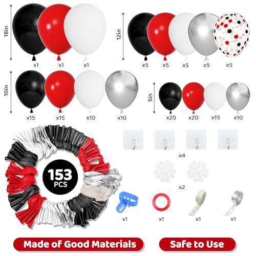 Amandir 153pcs Red Black and White Balloon Arch Garland Kit Different Sizes 18 12 10 5inch Silver Latex Metallic Confetti Graduation Balloons for Birthday Wedding Movie Night Casino Party Supplies - color: Metallic Silver