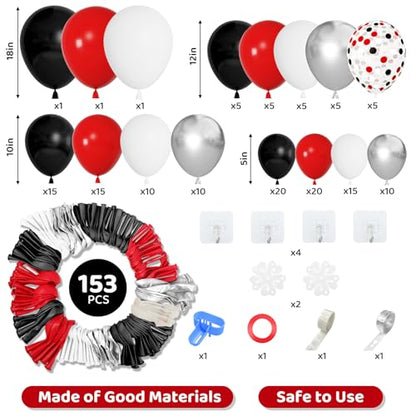 Amandir 153pcs Red Black and White Balloon Arch Garland Kit Different Sizes 18 12 10 5inch Silver Latex Metallic Confetti Graduation Balloons for Birthday Wedding Movie Night Casino Party Supplies - color: Metallic Silver