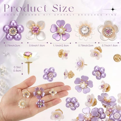 50 Pcs Pearl Rhinestone Brooch Pin Flower Embellishments Brooches and Pins for Women Lapel Pins No Sew Button Charms Accessories for Clothes Bags Wedding DIY Crafts, 5 Styles - color: Purple