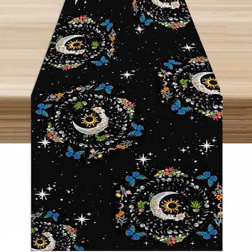 Moonflower Table Runner,Vintage Bohemian Dreamy Starry Blue Butterfly Botanical Flower Leaf Moon Moths Tabletop Restaurant Dining Kitchen Wedding Party 13x36 Inch - color: Moon Style-9, size: W13X L36