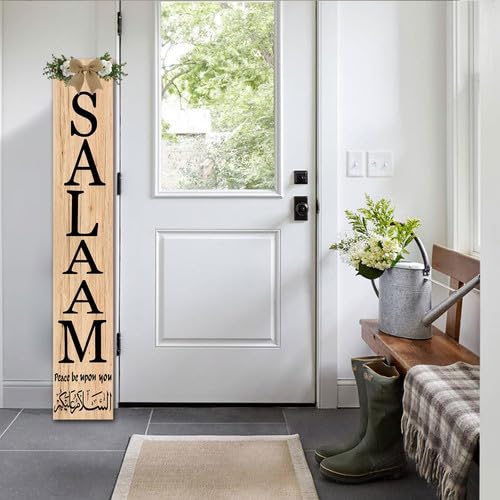 Salaam Weclome Sign for Front Door Peace Be Upon You Islamic Home Decor 8x48inch Vertical Wooden Eid Door Hanger for Muslim Islamic Wedding Gift