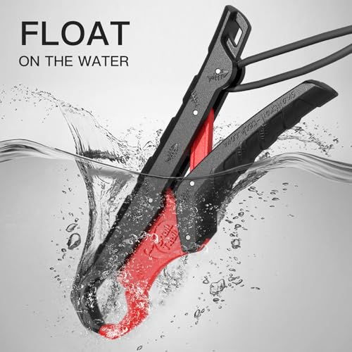 7.5'' Floating Fish Gripper, Fishing Grabber | Catfish Mouth Pliers, Caught Bass Holder, Fish Scale Hook Clamp, Saltwater Lip Grip Tool with Lanyard, Gifts for Men - color: Black-red